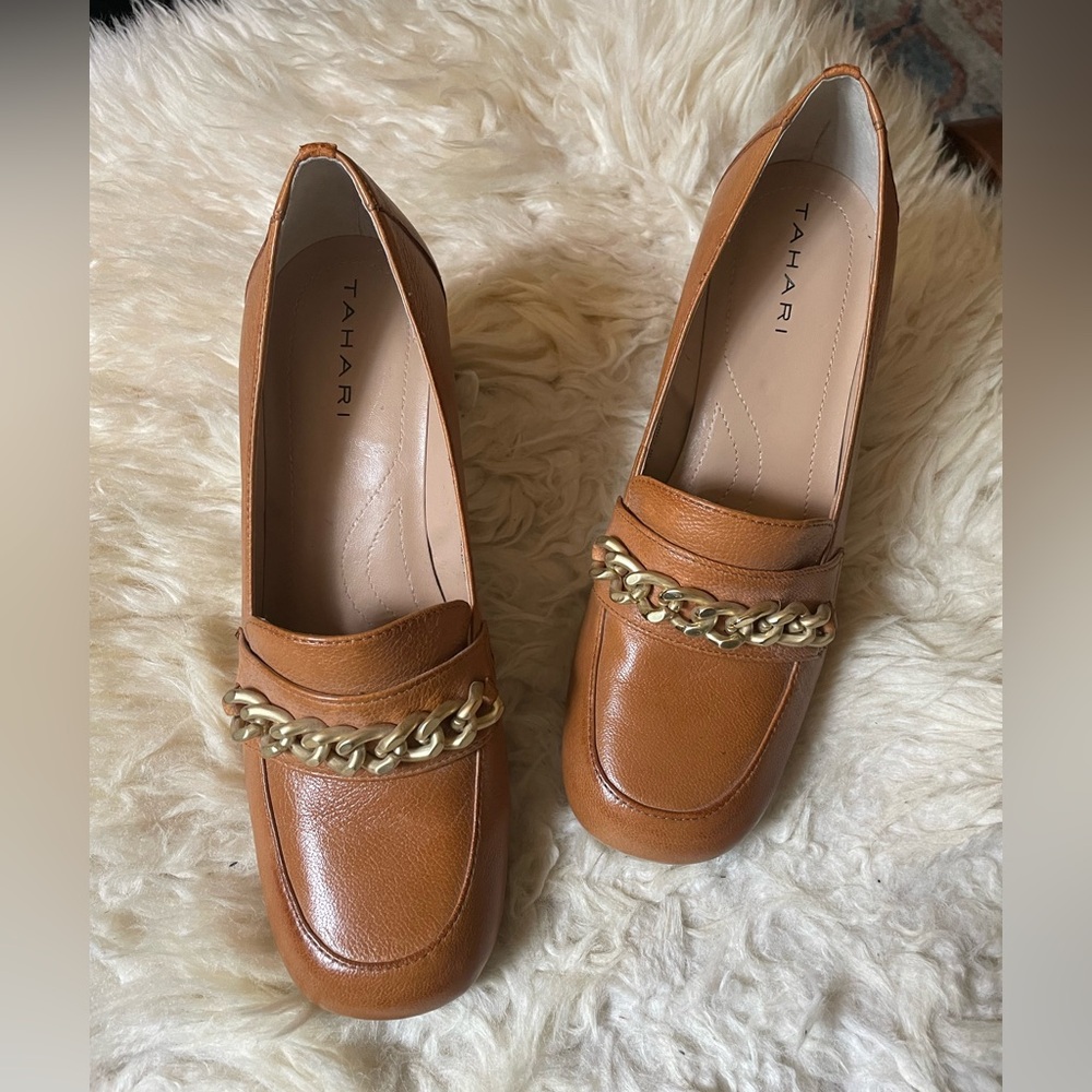 Tahari Tan Leather Loafers with Gold Chain Detail